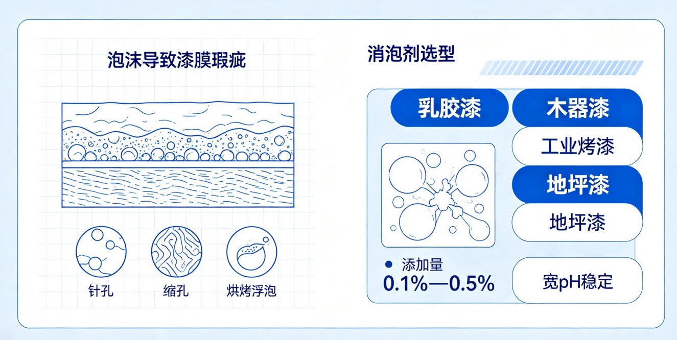 涂料起泡問題與消泡劑選型示意圖