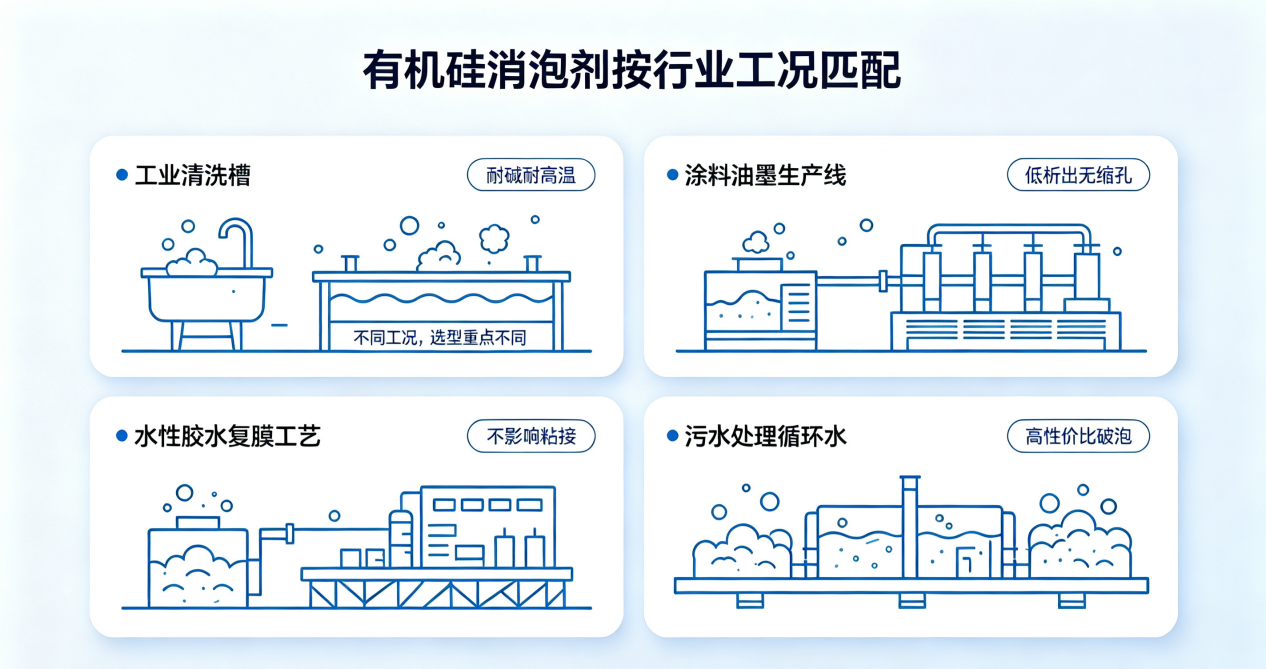 有機硅消泡劑按行業(yè)工況匹配示意圖
