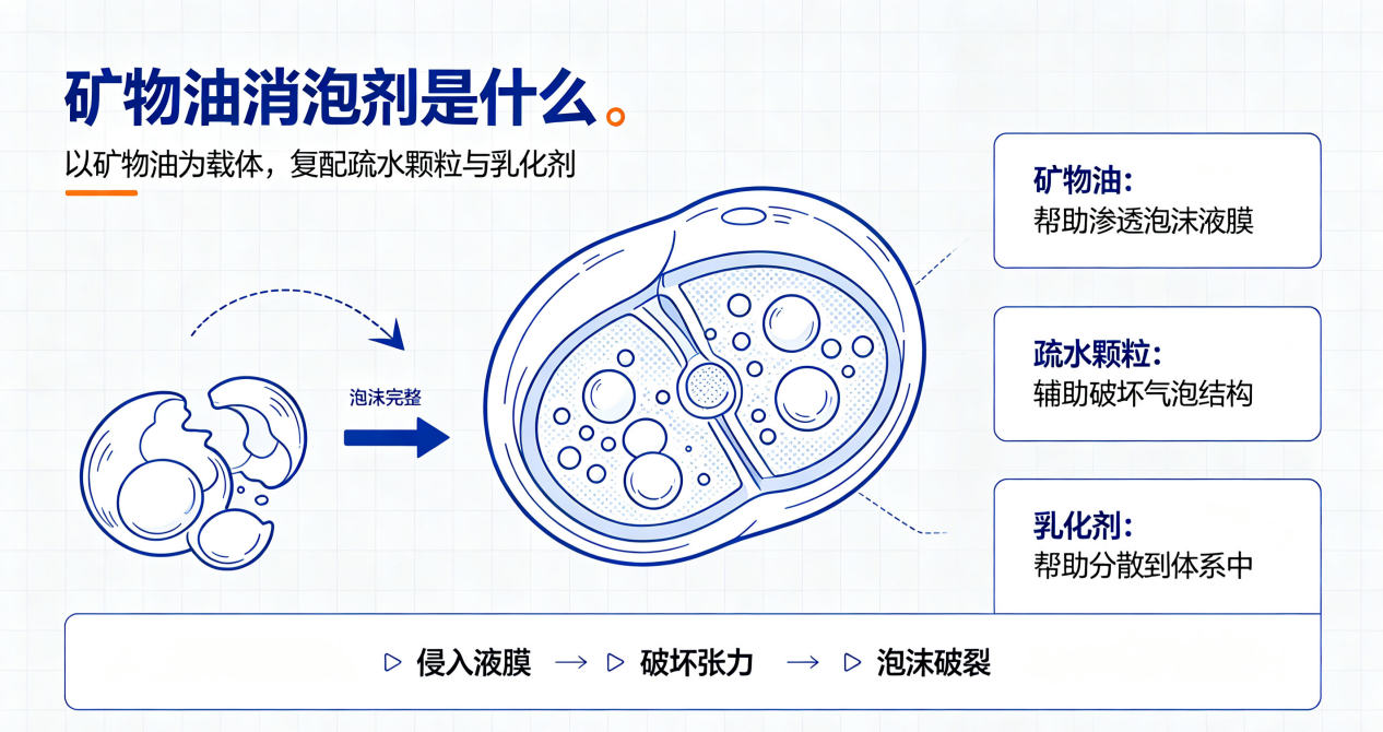 礦物油消泡劑成分與消泡原理示意圖